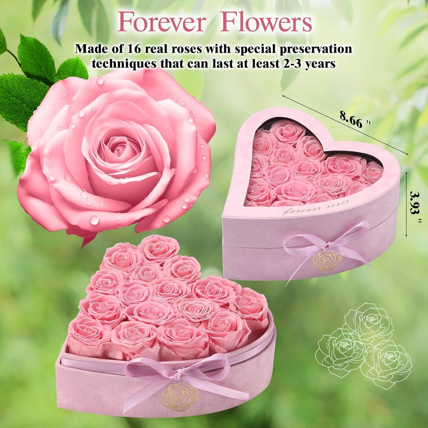 Elegant Heart-Shaped Box with Preserved Pink Roses – Lasts Years 16 Roses Sweet pink